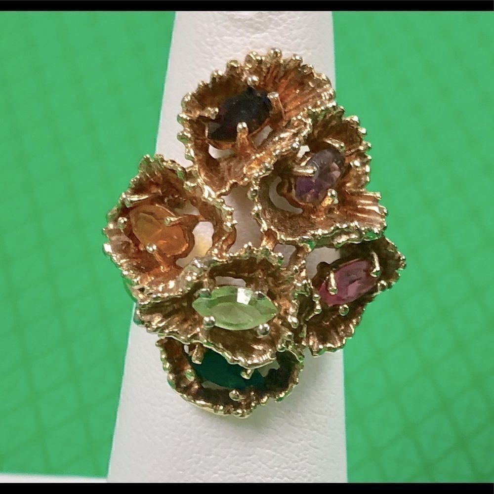 Vintage Espo Signed 18kt HGE Green, Pink, Purple, Red & Yellow Stone Ring